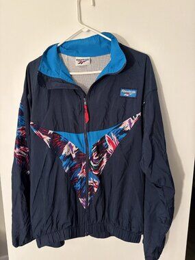 Vintage 90s Reebok Windbreaker Track Jacket Navy Abstract Print Men's L